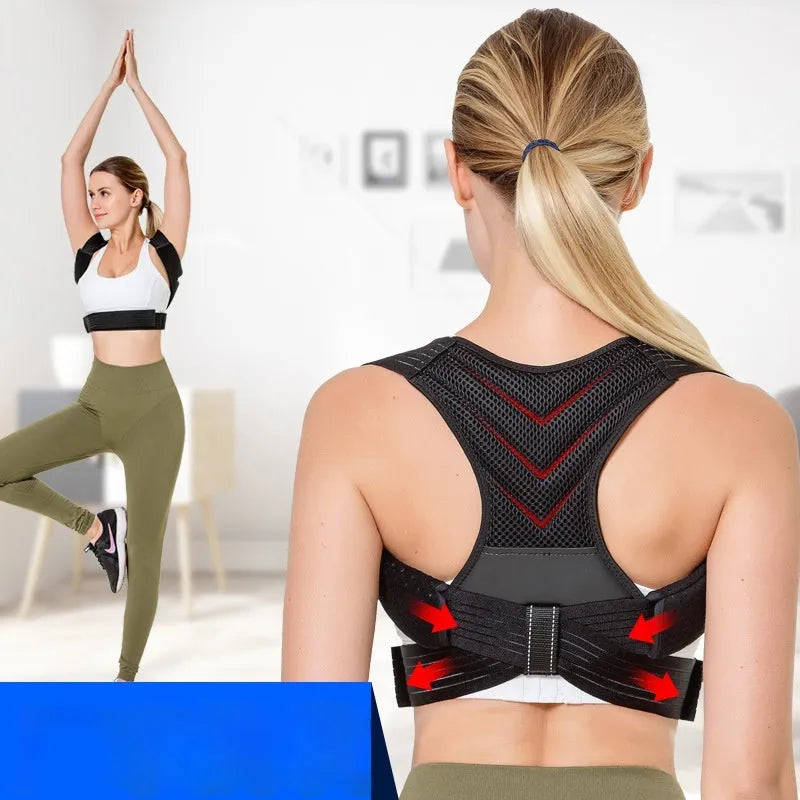 Black adjustable posture correction belt for back support and shoulder alignment