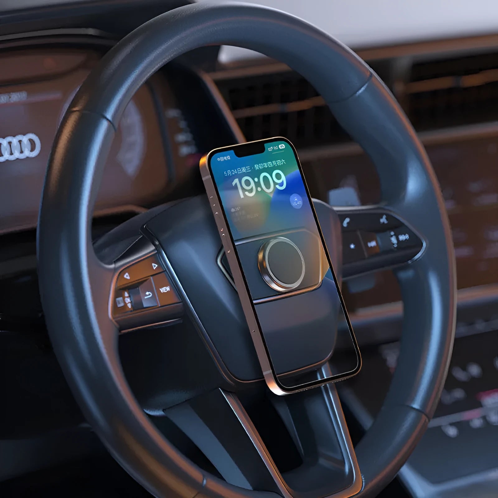 Obsidian black magnetic car phone holder with centripetal design and two mounting discs