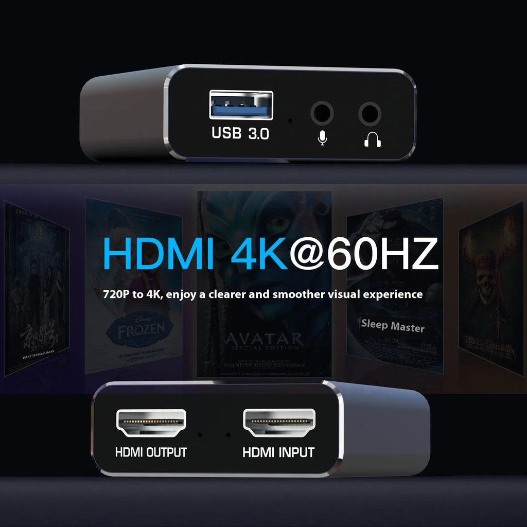 Black 4K gaming set-top box with audio recording capabilities and MS2131 chip