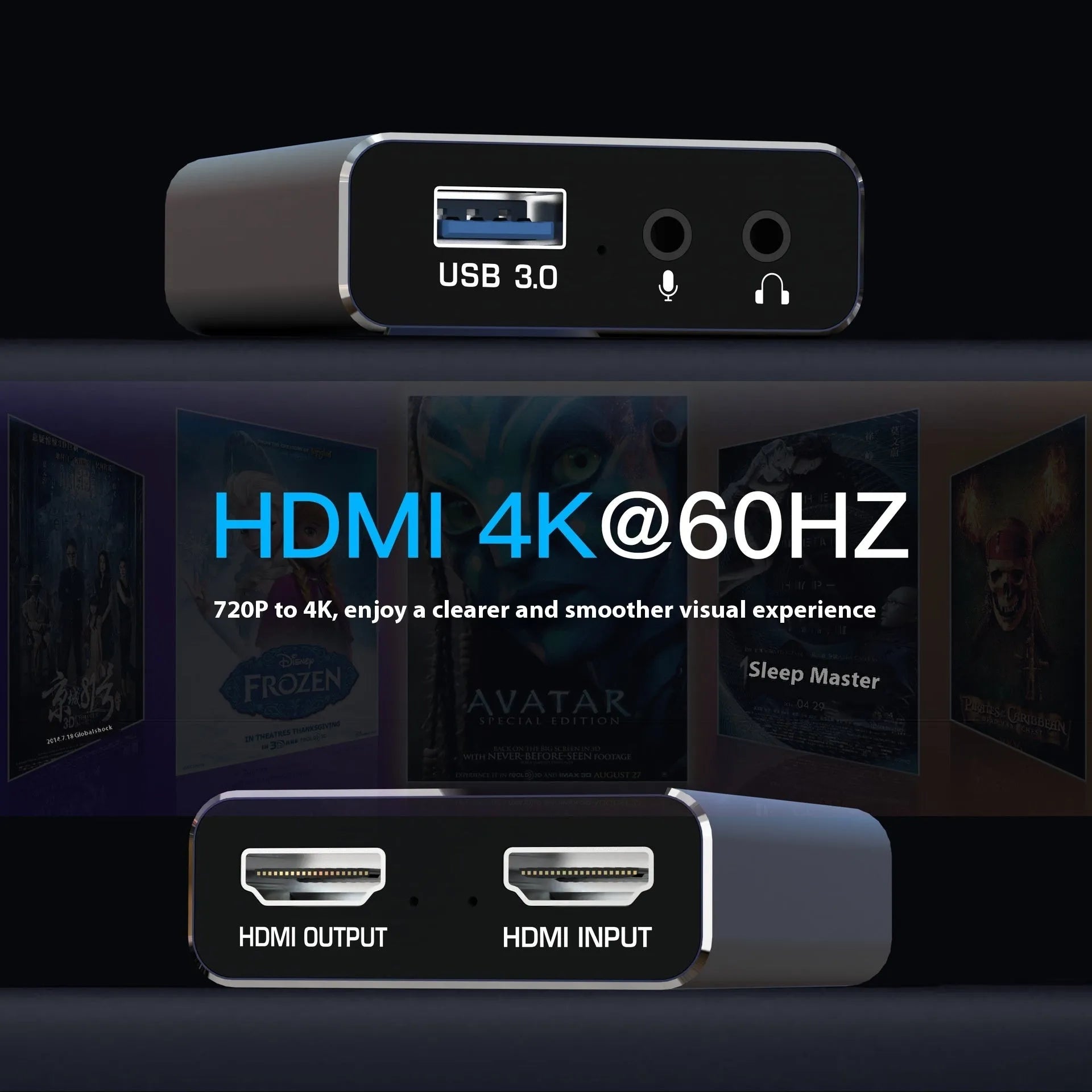 Black 4K gaming set-top box with audio recording capabilities and MS2131 chip