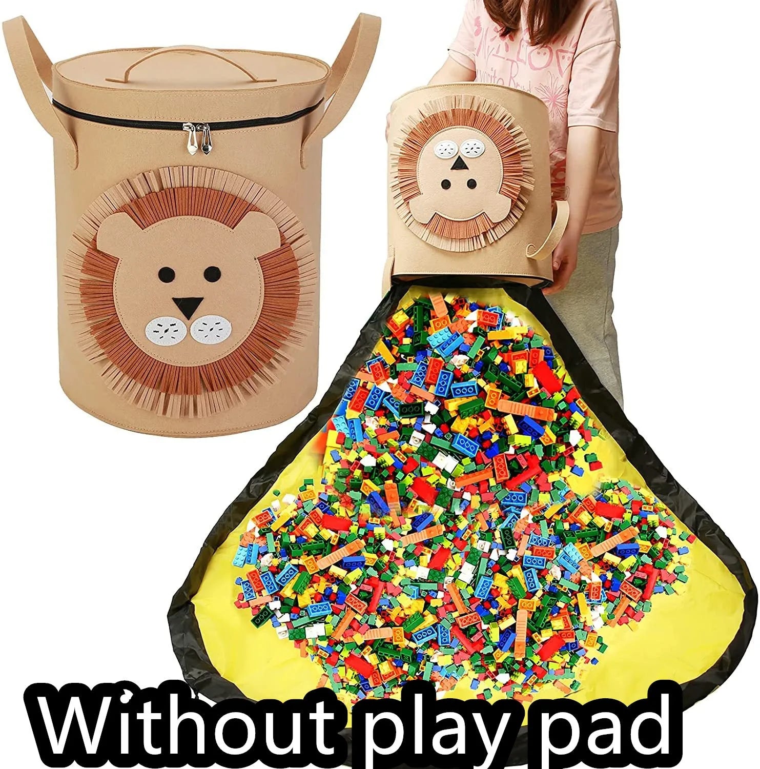 Green cube-shaped felt storage bag with pull rope lying flat as a play mat.