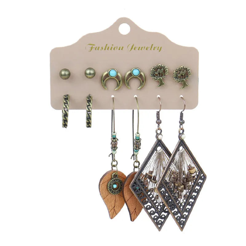 Bohemian earring set with alloy base, electroplated finish, tassel and beaded drop designs in heart shape