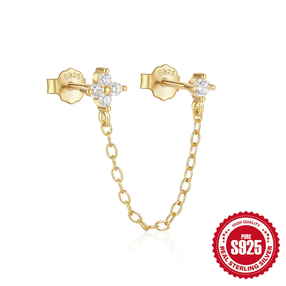 S925 sterling silver geometric stud earrings with a flower and tassel chain design in a gold electroplated finish.