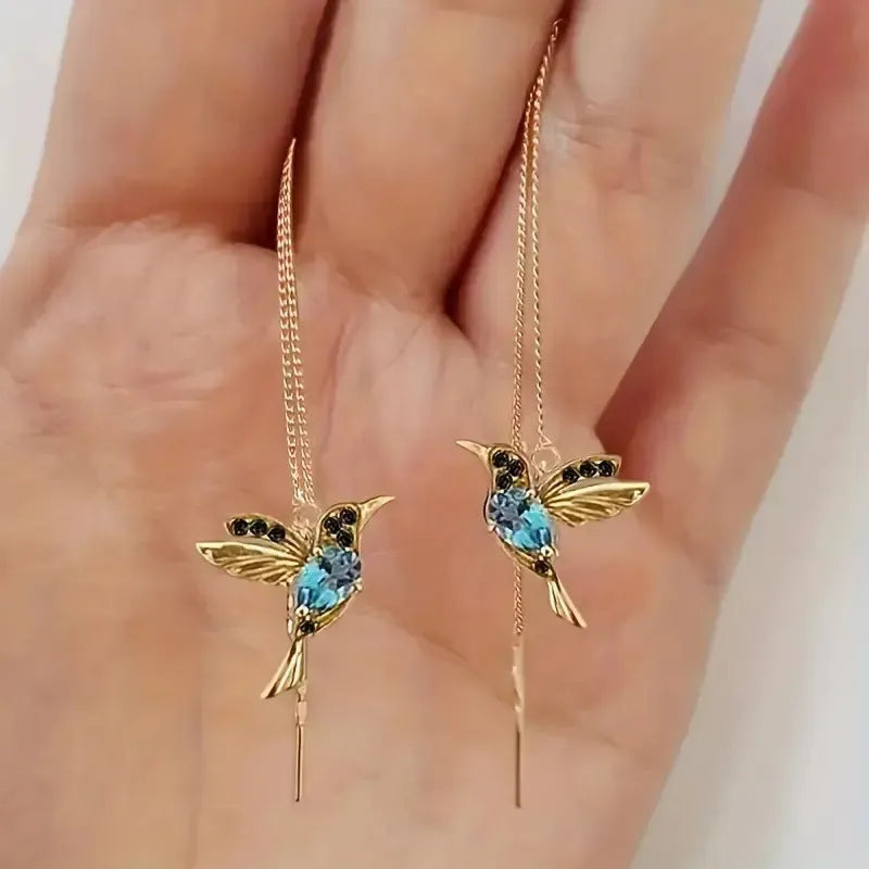 Personalised long bird hanging earrings with mixed zirconium wings in red, blue, and red lvzuan colour options