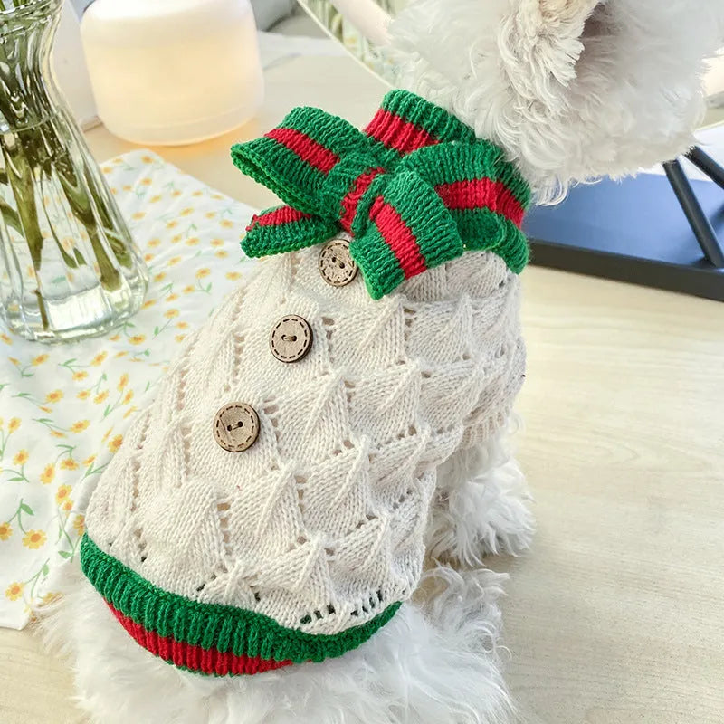 Bowknot hollow knit dog sweater in coffee white on a small dog, lattice pattern shown