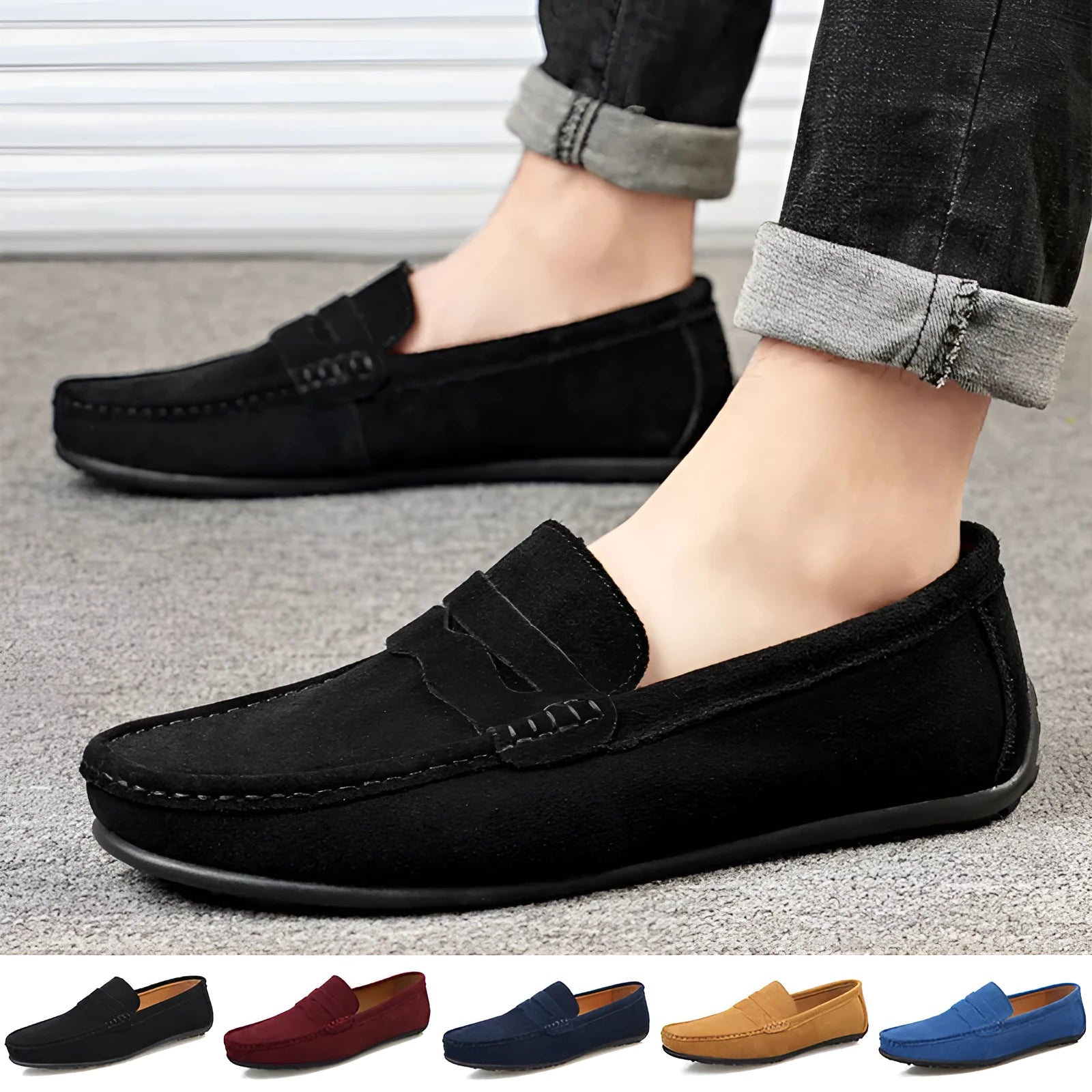 Men's suede loafers in solid colours with round toe and rubber sole