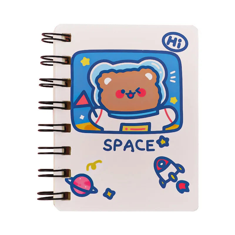 Astronaut-themed flipper notebook measuring 10.5cm by 8cm with space design cover options