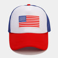 Red and blue mesh baseball cap with adjustable sizing strap