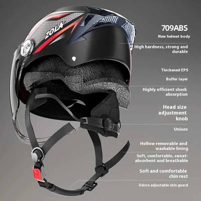 Battery-powered motorcycle half helmet with LED lights and double mirror visor in light brown colour