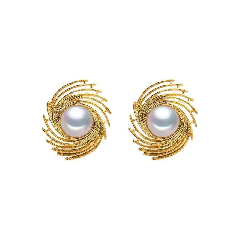 Gold plated pearl earrings with irregular flower shape design on alloy stud backs