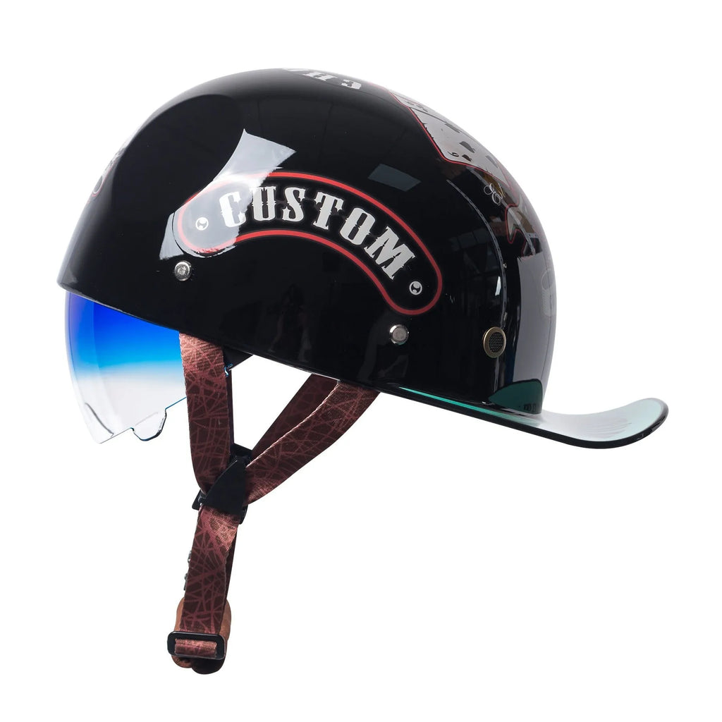 Retro half helmet for electric bicycles in bright black with gradient blue lens visor