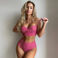 Women's plaid high waist bikini swimsuit in rose red, shown as a two-piece set.