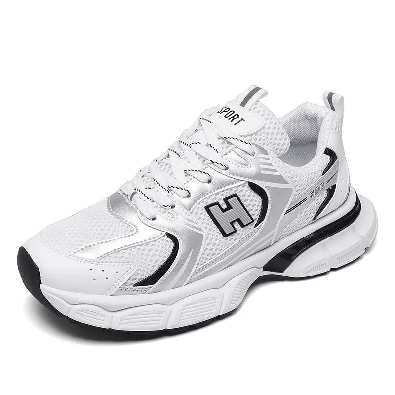 Men's mesh running shoes in black, white grey, or white orange with plastic soles