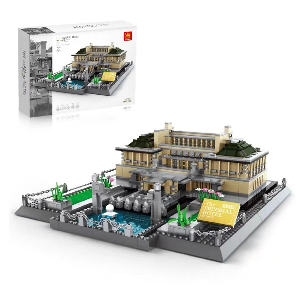 Wange building block set showing over 800 small ABS plastic pieces for constructing global landmark models.
