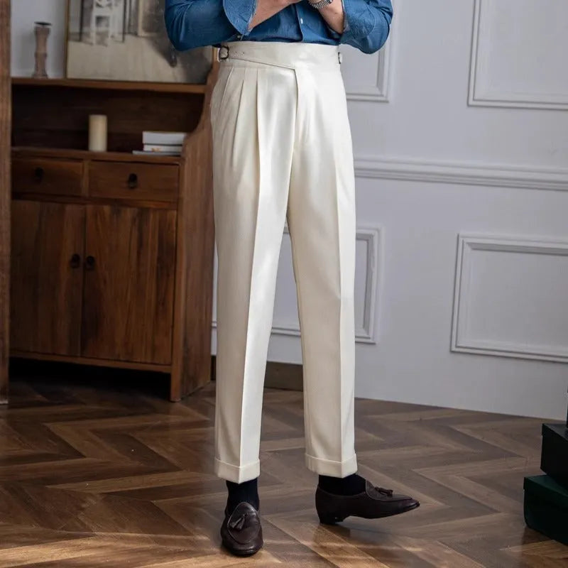 Men's high-waist straight-leg casual trousers in black, shown flat.