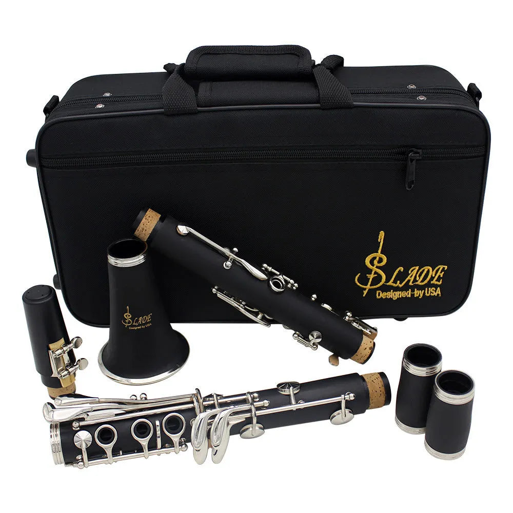 Black beginner clarinet with 17 nickel-plated keys and carrying bag
