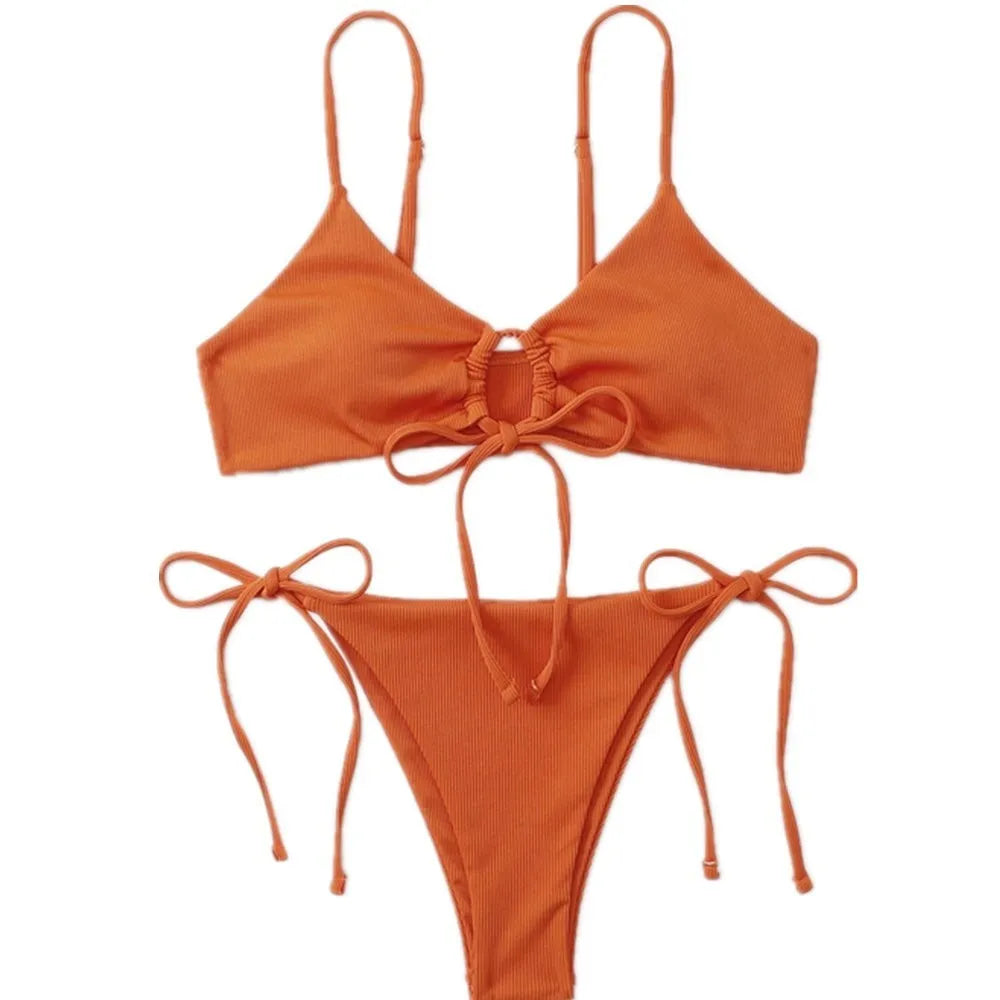 Women's army green drawstring bikini swimsuit set with triangle top and briefs