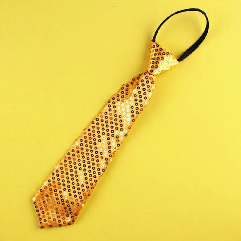 Gold sequin striped no-tie bow tie on collar for Halloween or jazz costume