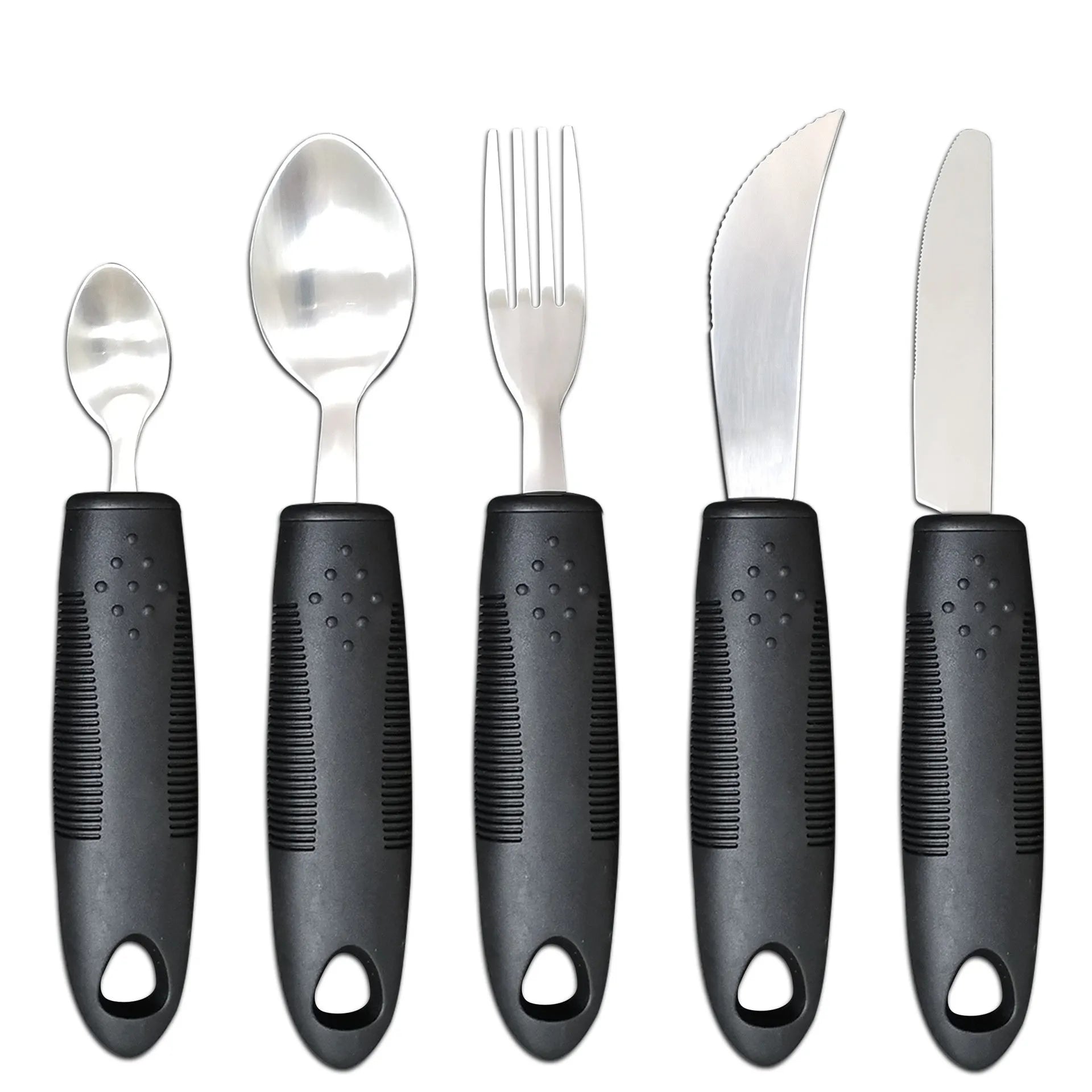 Stainless steel adaptive eating utensils with rubber anti-shake handles for elderly dining assistance