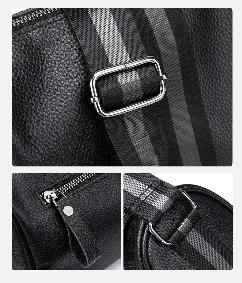Black genuine leather one-shoulder crossbody bag showing its large capacity and crossbody strap.