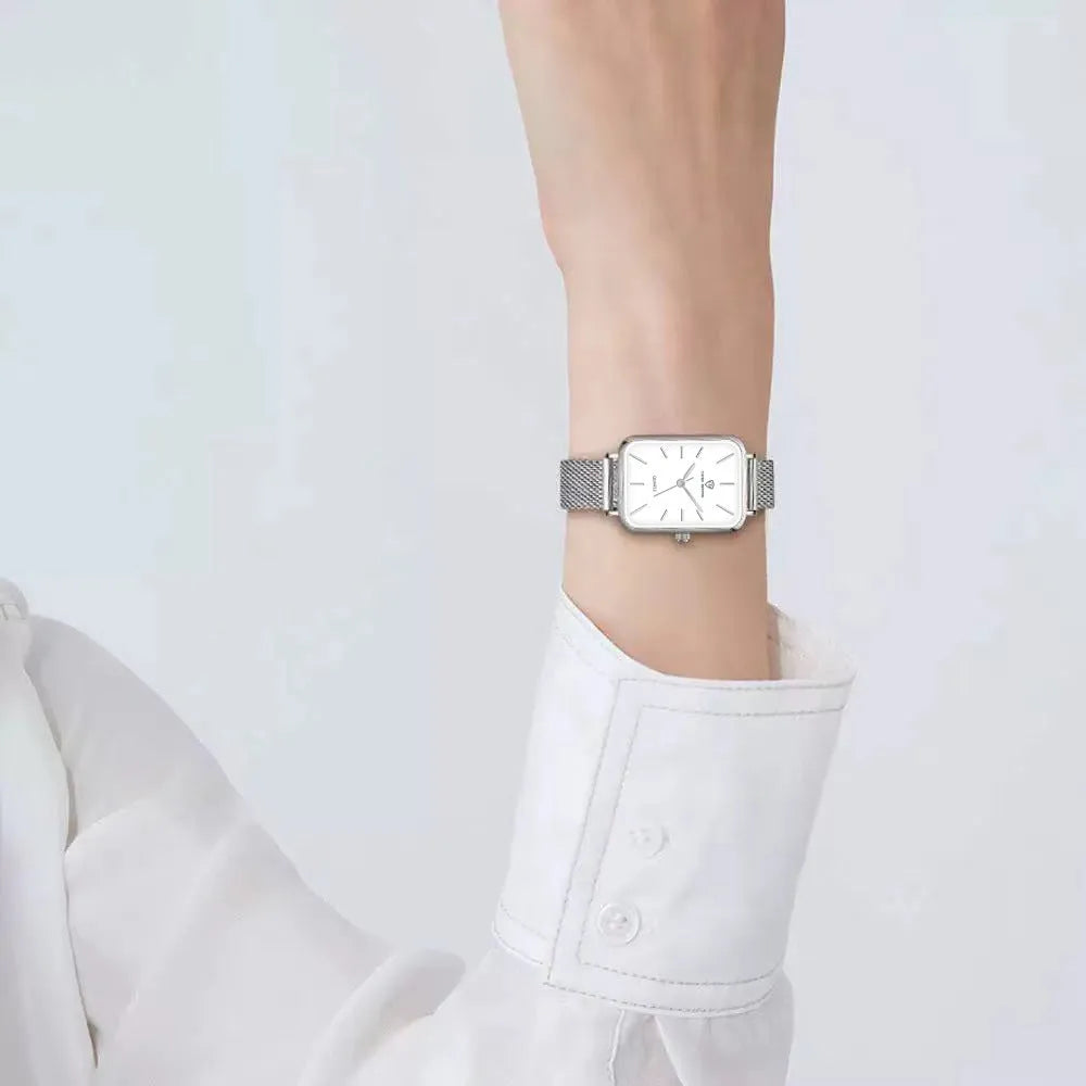 Women's waterproof quartz watch with woven steel strap in silver or rose gold colour options