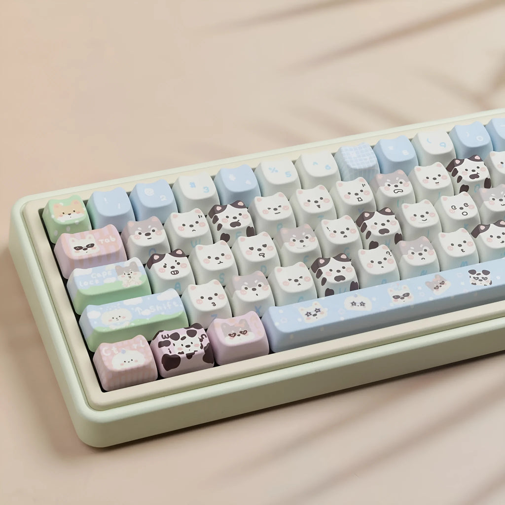 Full set of PBT sublimation keycaps with colourful puppy design for mechanical keyboards