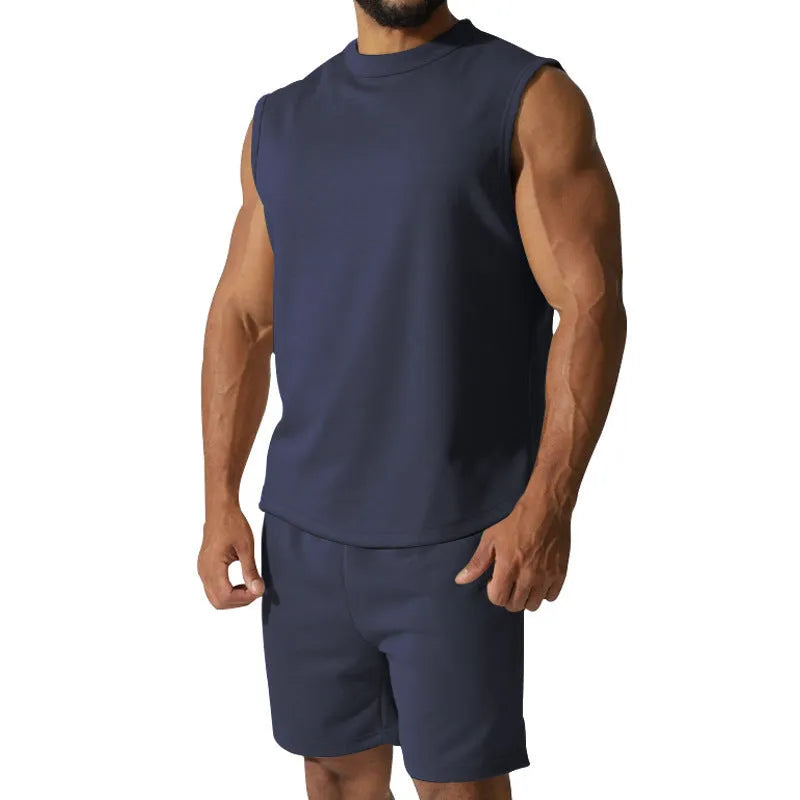 Men's sleeveless sports suit set in cotton blend with matching shorts in solid colour options