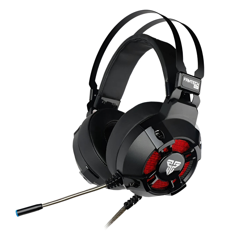 Black FANTECH HG11 gaming headset with RGB lights, large ear cups, and adjustable microphone