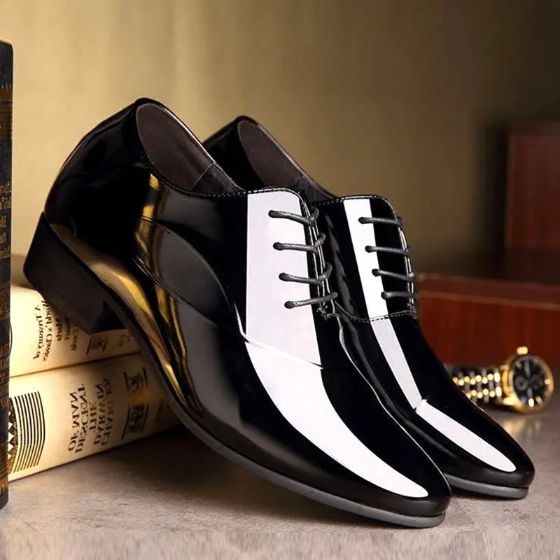 Men's black and brown formal business shoes with pointed toe and PU leather upper