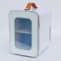 Pink mini refrigerator with transparent door showing dual-power 6L capacity for car and home use