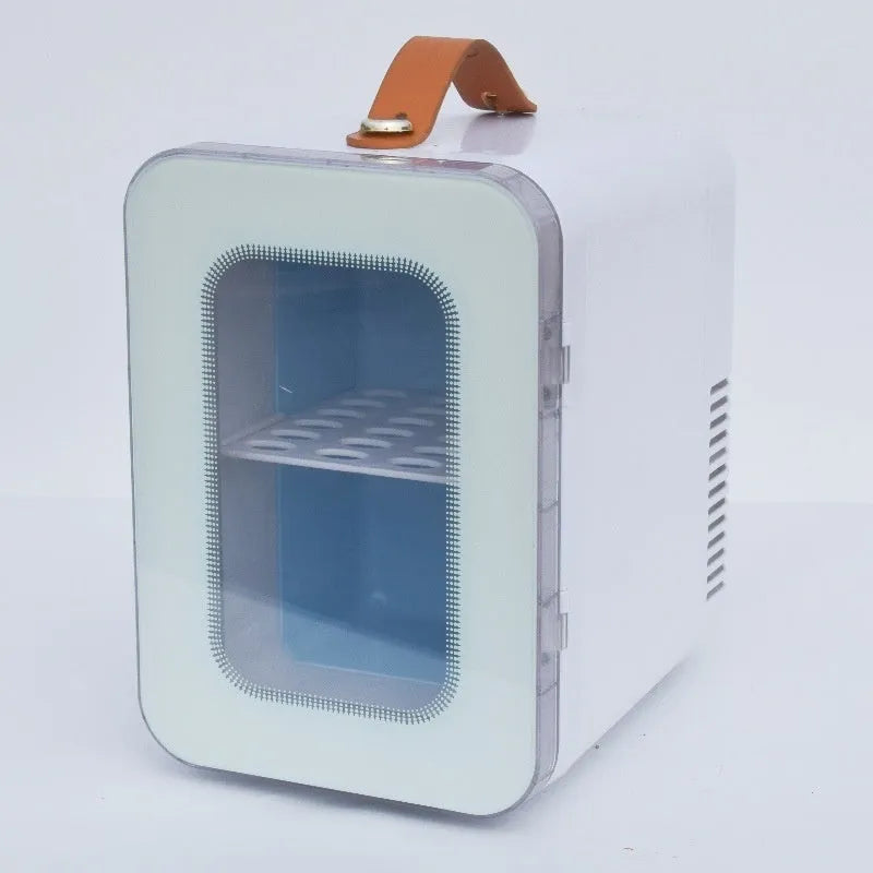 Pink mini refrigerator with transparent door showing dual-power 6L capacity for car and home use