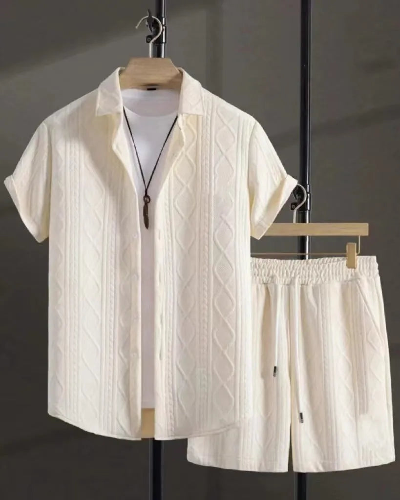 Men's short sleeve suit jacket and matching shorts in chemical fibre blend fabric