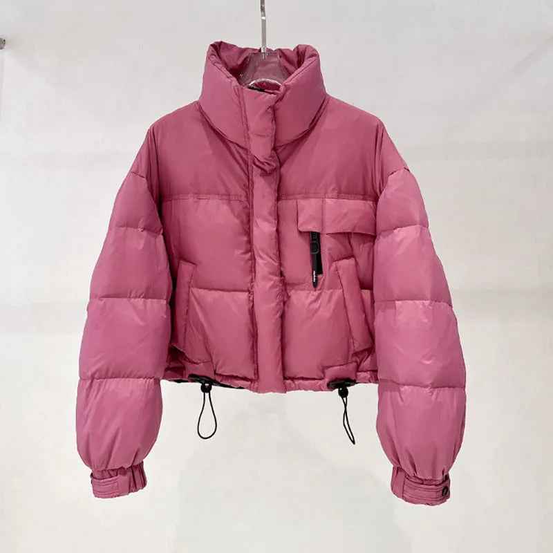 Korean-style stand collar short puffer jacket in yellow with princess sleeves and chenille fabric