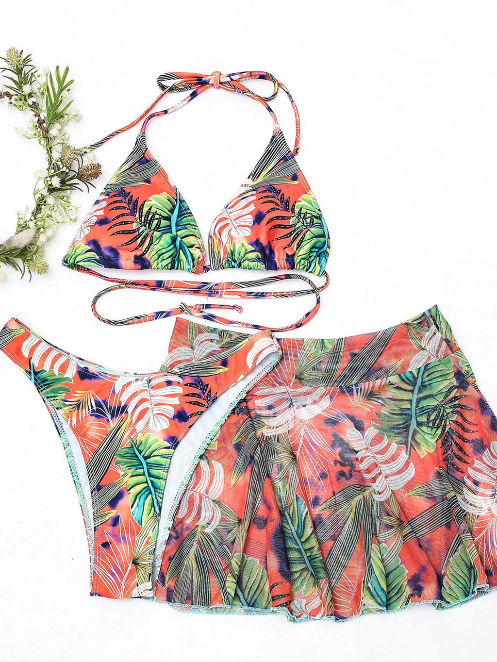 Big flower leaf print three piece swimsuit bikini set in polyester fabric
