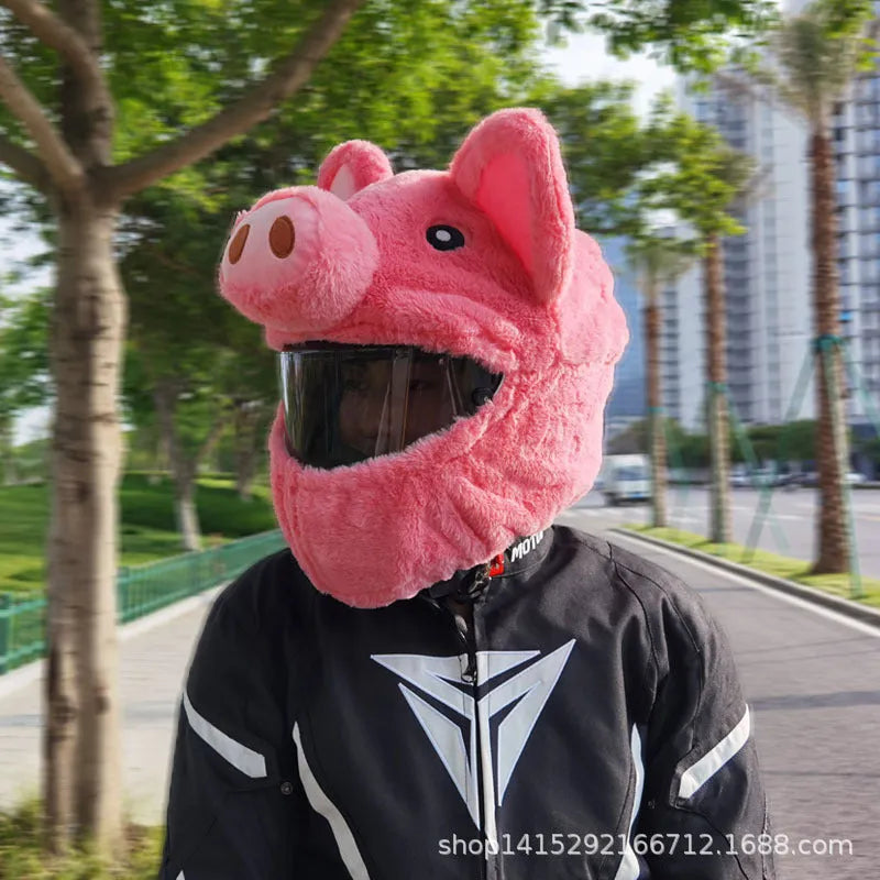 Pink pig cartoon design plush protective hood for motorcycle helmets with storage sleeve