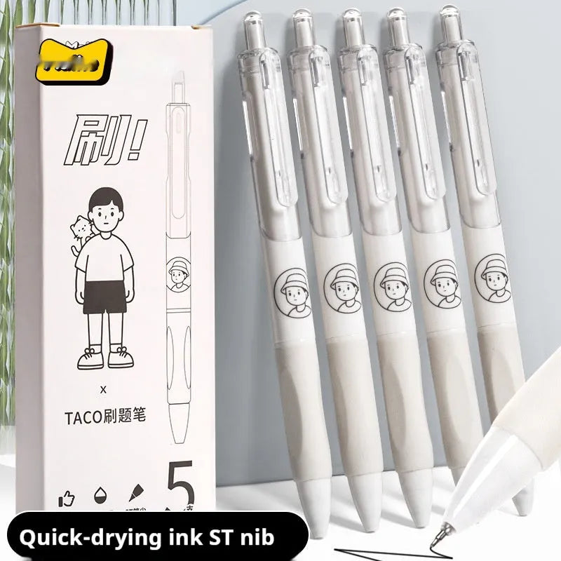 Five Taco brand neutral black plastic ballpoint pens with 0.5mm quick-drying black refills