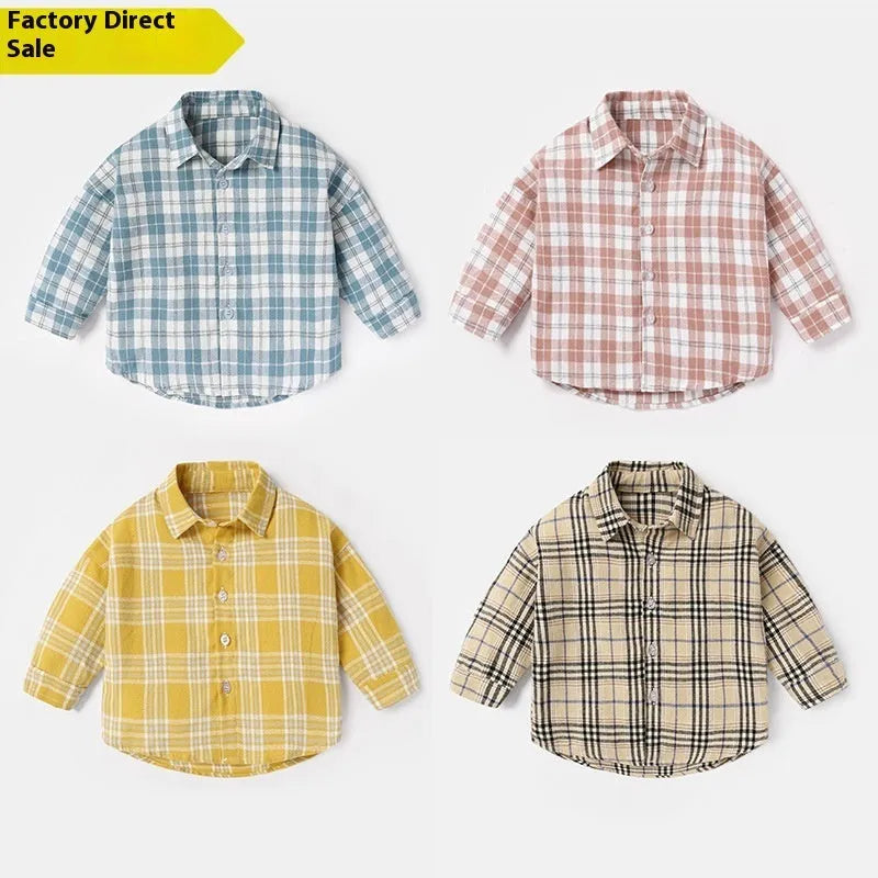 Boys' long sleeve cotton shirt with lattice and cartoon pattern in khaki colour.