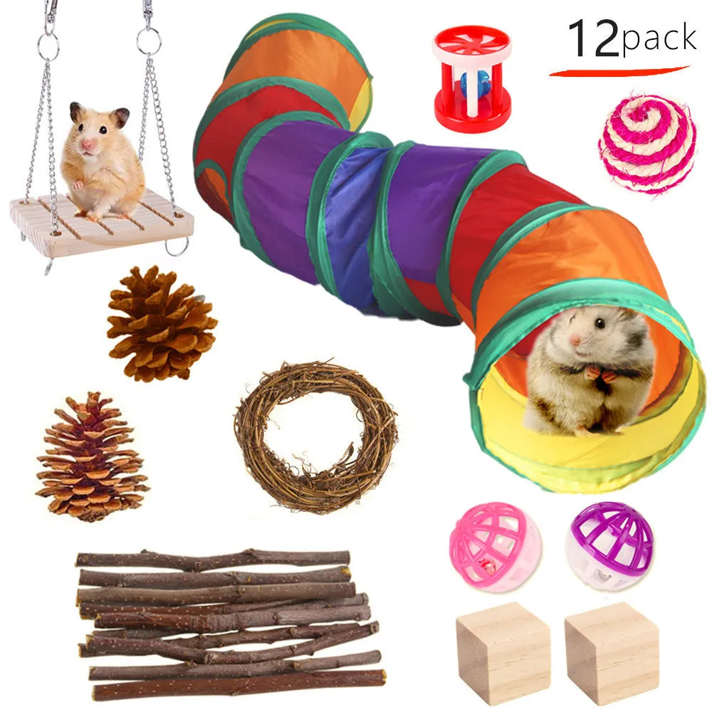 Natural wooden chewing toy set for small animals including straw mats, woven balls and plant-based components
