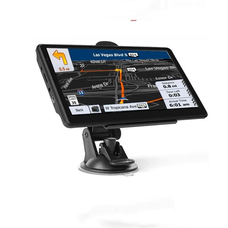 7 inch portable car GPS navigation device on a dashboard showing map display.