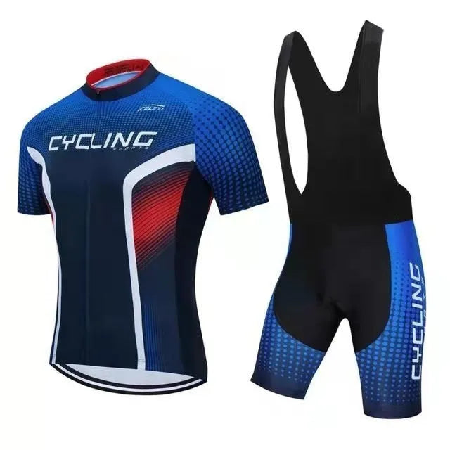 Men's and women's cycling jersey and shorts set in a colour style option, laid flat.