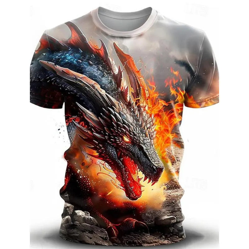 Man wearing a grey T-shirt with a large blue and white 3D Wind Dragon print across the chest.