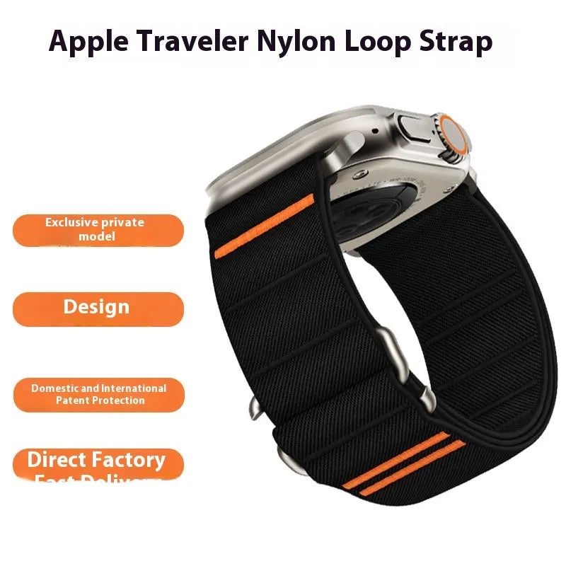 Elastic nylon Apple Watch band with stainless steel buckle shown in multiple colour options