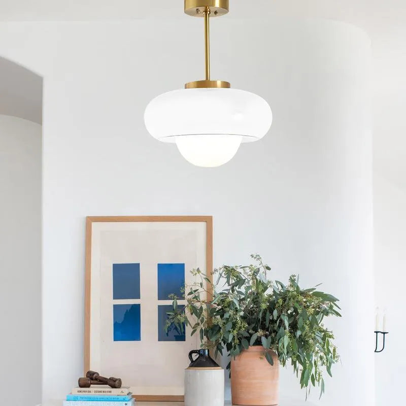 Bauhaus three-headed glass egg tart pendant light in retro style, shown in milk white.
