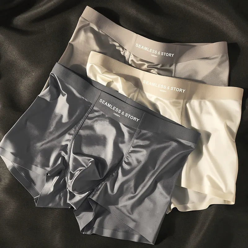 Men's ice silk satin underwear in mid waist design showing coffee, light grey and blue colour options