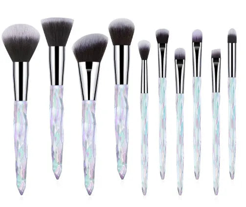 Set of 10 crystal handle foundation brushes with artificial fibre bristles in four colour options