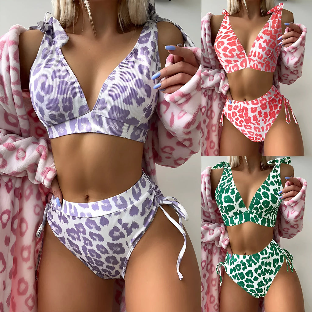 Women's purple leopard print sleeveless lace-up crop top and high-waist shorts two-piece suit set