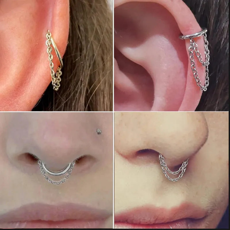 Chain inlaid zircon nose ring earring made from titanium alloy with round shape and simple unisex design