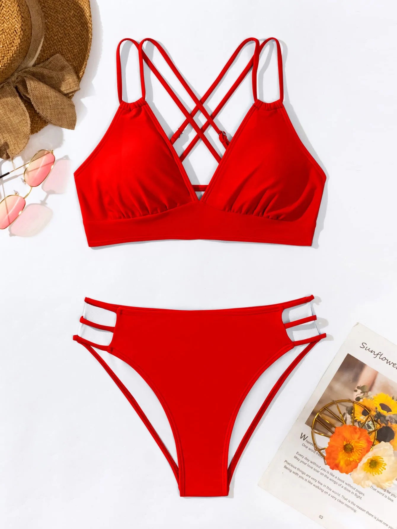 Women's V-neck halter bikini set with removable padding in multiple colour options