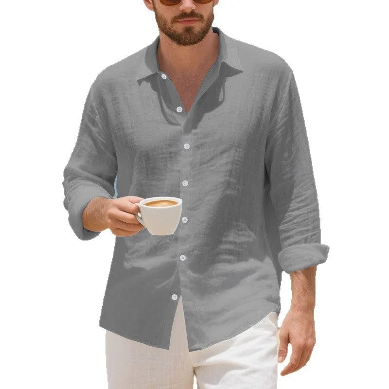 American-style loose-fit linen casual shirt in Army Green, laid flat to show button front and relaxed silhouette.