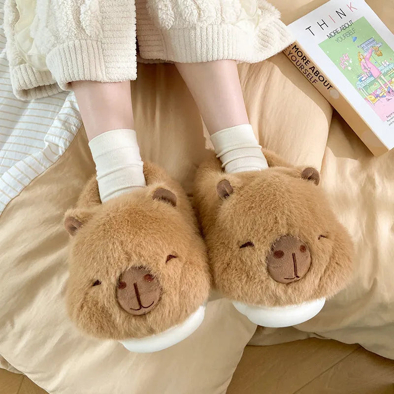 Light brown women's winter plush slippers with artificial wool lining in UK sizes 36-41